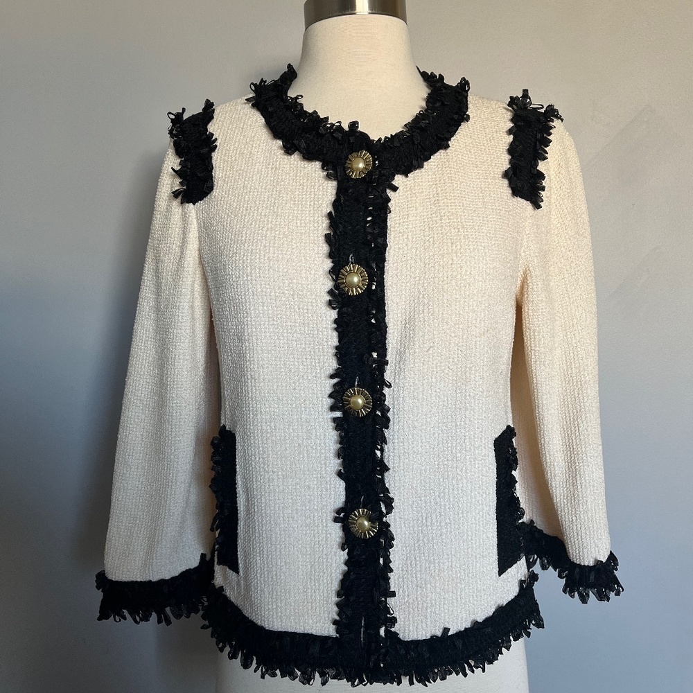 St. John Collection Cream Black Applique Knit Crepe Evening Dress Jacket‎ Blazer